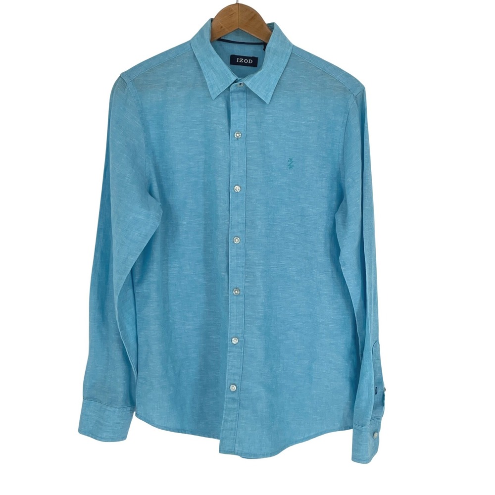 IZOD Mens Shirt M Long Sleeve Blue Linen Blend Button Front Logo Preppy